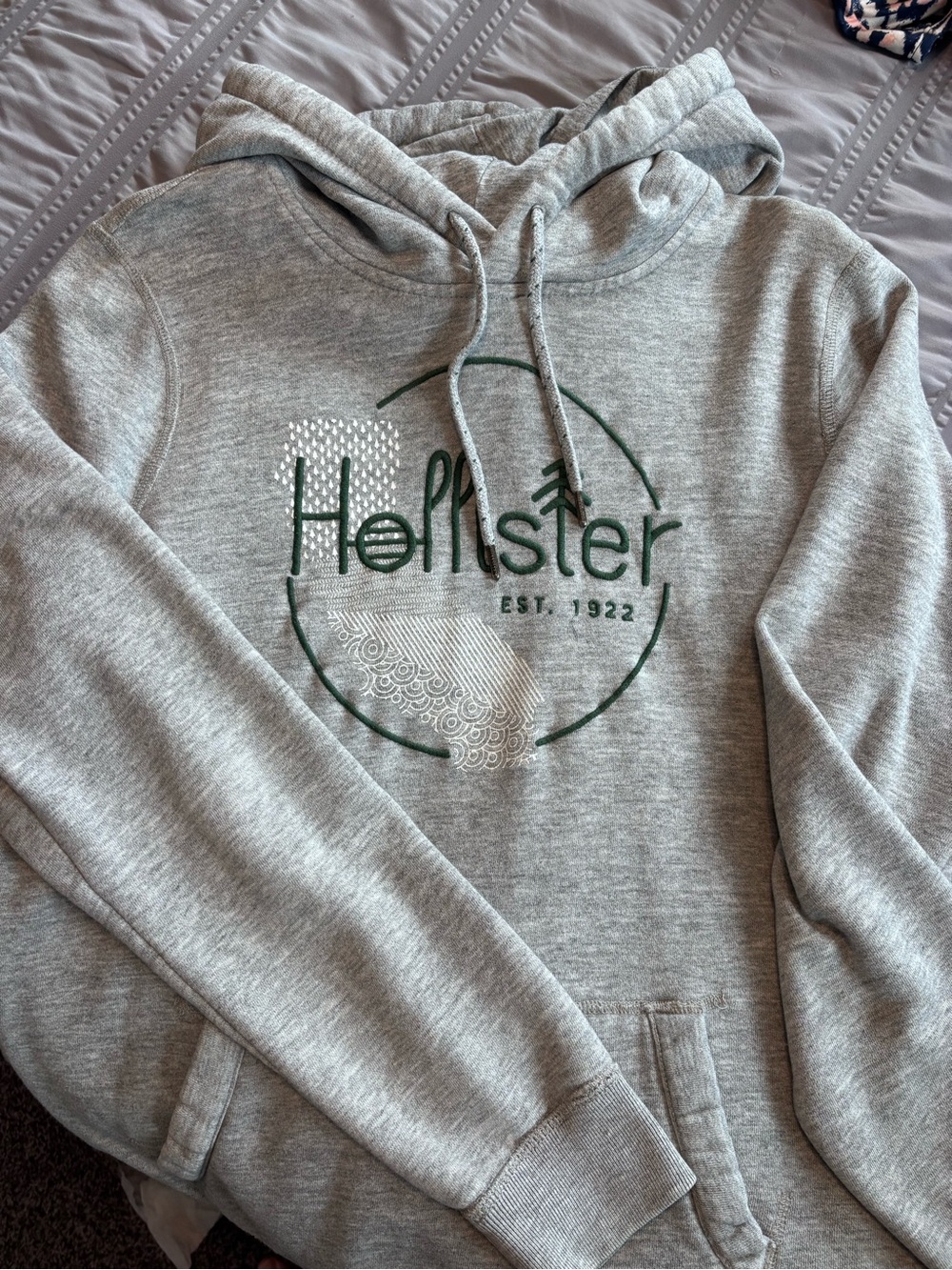 Hollister Light Gray Hoodie with Green Logo